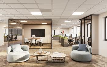Moderne kantoorruimte in Utrecht Rijnsweerd aan de Newtonlaan 115, met comfortabele zithoek, vergaderruimte en werkplekken. Ideaal voor professioneel gebruik en te huur.
