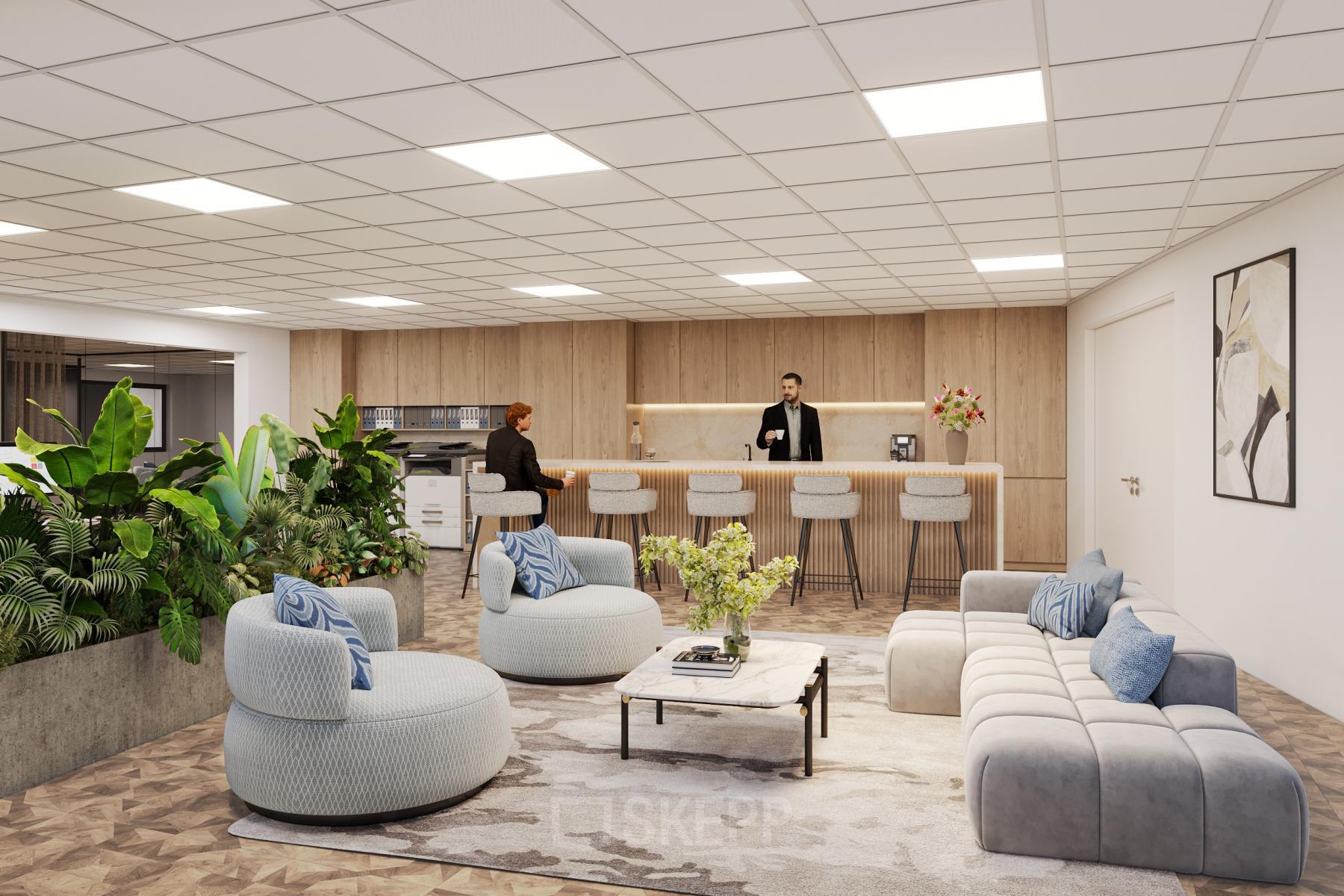 Moderne kantoorruimte in Utrecht Rijnsweerd met stijlvolle zithoek, bar en groene planten. Mensen voeren zakelijke gesprekken en werkzaamheden uit. De ruimte nodigt uit om te huren.