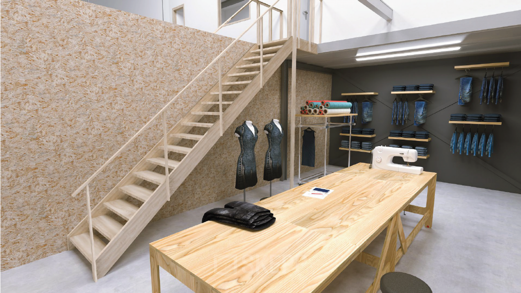 Kantoorruimte met houten trap, werkbank met naaibenodigdheden en kleding opgehangen aan de muur bij Eendrachtlaan 100-260 in Utrecht Zuid.