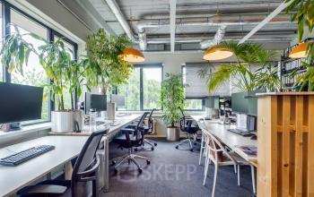 Kantoorruimte huren op Kanaalweg 22 in Utrecht Zuid met moderne werkplekken, groene planten, ergonomische stoelen en veel natuurlijk licht.