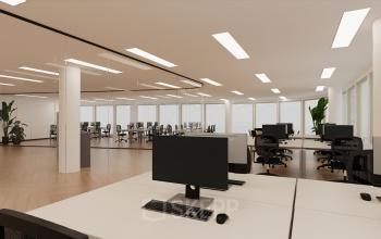 Moderne kantoorruimte aan de Europalaan 40, Utrecht Zuid, met strakke werkplekken en glazen wanden. Ideaal voor bedrijven die een helder en efficiënt kantoorpand willen huren.