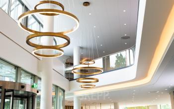 Receptie in modern kantoorpand op Europalaan 40, Utrecht Zuid, met opvallende designverlichting en glazen deuren, ideaal voor kantoorruimte huren.