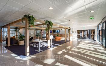 Moderne kantoorentree met veel natuurlijk licht en groene accenten op Lange Dreef 10, Vianen Utr. Ideaal voor kantoorruimte huren in een representatief kantoorpand. Meubilair bevat comfortabele zitplekken en decoratieve planten.