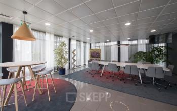 Moderne kantoorruimte in Vianen Utr op Witboom 1 met vergadertafel, bureaustoelen en sfeervolle verlichting. Groene planten creëren een aangename werkomgeving. Geschikt voor professioneel gebruik.