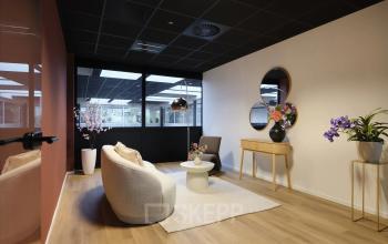 Modern ingerichte kantoorruimte op Havenweg 24, Vianen Utr, met stijlvolle zitgedeelte, sierlijke planten en decoratieve spiegels. Ideaal voor wie een kantoorpand wil huren.