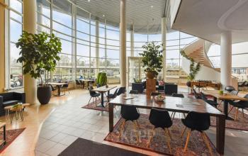 Ruime en moderne kantoorruimte met grote ramen bij Regulusweg 11 in Voorburg, voorzien van tafels, stoelen en planten. Ideale plek voor vergaderingen en zakelijke activiteiten. Kantoorruimte huren bij ons platform is eenvoudig.