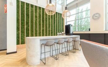 Lichte en moderne kantoorruimte met hoge ramen en een stijlvolle bar met krukken, geschikt voor informele bijeenkomsten. Het interieur is smaakvol ingericht met groene elementen en designverlichting.